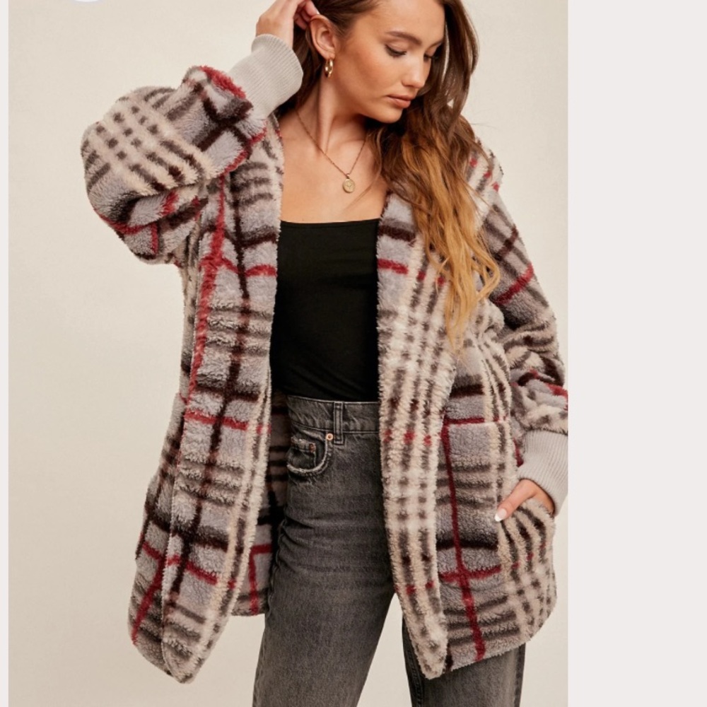 Grey Mix Check Oversized Hoodie Jacket